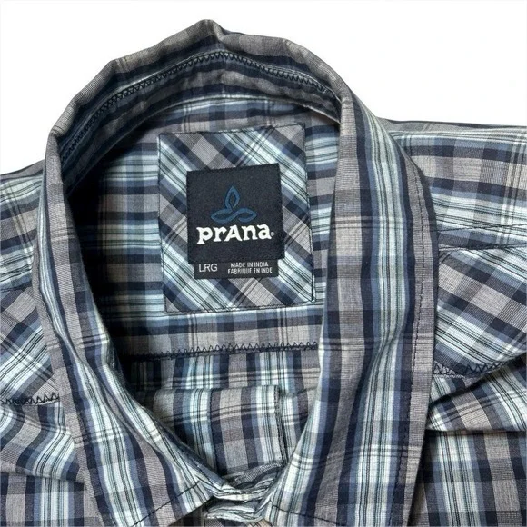 prAna Casual Short Sleeve Button Down Shirt Men's L Plaid Organic Cotton Blend - Picture 3 of 11
